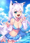  1girl ;d absurdres ahoge animal_ear_fluff animal_ears bangs bare_shoulders bikini bikini_skirt blue_bikini blue_eyes blue_sky blush braid breasts cleavage cloud cloudy_sky collarbone commentary_request day double_fox_shadow_puppet ear_piercing eyebrows_visible_through_hair fox_ears fox_girl fox_shadow_puppet fox_tail front-tie_bikini front-tie_top hair_between_eyes highres hololive horizon jacket long_hair low_twintails masaki_(msk064) medium_breasts navel ocean off_shoulder one_eye_closed open_clothes open_jacket open_mouth outdoors piercing round_teeth shirakami_fubuki sky smile solo standing standing_on_one_leg swimsuit tail teeth twin_braids twintails upper_teeth very_long_hair virtual_youtuber water white_hair white_jacket 