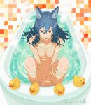  1girl air_bubble animal_ear_fluff animal_ears ao_fujimori bangs bath bathroom bathtub blue_hair blurry breasts bubble collarbone dated depth_of_field dot_nose eyes_visible_through_hair fangs hair_between_eyes hair_spread_out highres indoors knees_up large_breasts light_brown_eyes looking_at_viewer medium_hair navel nude open_mouth original partially_submerged rubber_duck signature sitting solo steam teeth tile_wall tiles tsurime v-shaped_eyebrows v_arms water wavy_hair wet wet_hair 