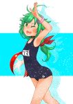  1girl antenna_hair arm_up ball bangle bangs beachball blush bracelet breasts choker eyebrows_visible_through_hair green_eyes green_hair hair_ribbon jewelry kantai_collection kitsuneno_denpachi long_hair matsu_(kantai_collection) name_tag one-piece_swimsuit one_eye_closed open_mouth outline ribbon school_swimsuit simple_background small_breasts solo swimsuit two-tone_background 