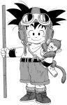  1boy absurdres alternate_costume animal animal_on_shoulder ankle_boots arm_at_side bare_arms bare_shoulders belt black_eyes black_footwear black_hair boots child closed_mouth collarbone commentary dragon_ball dragon_ball_(classic) fingernails full_body goggles goggles_on_head greyscale hand_in_pocket happy highres holding holding_weapon looking_at_viewer male_focus messy_hair monkey monkey_tail monochrome nyoibo official_art short_shorts shorts simple_background smile socks son_gokuu spiked_hair standing tail tank_top toriyama_akira weapon white_background white_tank_top wristband 