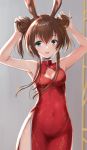  1girl akabane_hibame alternate_hairstyle amiya_(arknights) animal_ears arknights armpits arms_up bangs bare_arms bare_shoulders blue_eyes breasts brown_hair bunny_ears ch&#039;en_(arknights) ch&#039;en_(arknights)_(cosplay) china_dress chinese_clothes cleavage cleavage_cutout commentary_request cosplay covered_navel cowboy_shot double_bun dress eyebrows_visible_through_hair grey_background hair_between_eyes highres jewelry long_hair medium_breasts neck_ring red_dress ring side_slit sidelocks simple_background solo standing 