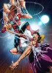  2boys battle black_hair blue_shorts crossover fighting gear_third highres marvel marvelmania monkey_d_luffy multiple_boys one_piece open_clothes open_shirt red_shirt scar shirt short_hair shorts silk spider-man spider-man_(series) spider_web superhero 