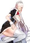  1girl bandage_over_one_eye bow breasts fate/grand_order fate_(series) florence_nightingale_(fate/grand_order) jikihatiman large_breasts lavender_hair long_hair maid maid_headdress panties pink_bow red_eyes solo thighhighs underwear white_legwear white_panties 