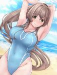  1girl arms_behind_head arms_up beach blue_sky blue_swimsuit breasts brown_eyes brown_hair cloud collarbone competition_swimsuit covered_navel cowboy_shot day highleg highleg_swimsuit kantai_collection large_breasts long_hair looking_at_viewer one-piece_swimsuit outdoors ponytail shohei_(piranha5hk) sky solo swimsuit yamato_(kantai_collection) 