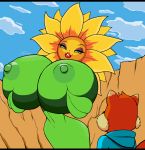  anthro big_breasts breasts cloudy conker conker&#039;s_bad_fur_day droll3 duo elemental_creature female flora_fauna flower flower_creature hi_res holding_breast humanoid lips lipstick looking_down makeup male miss_sunflower mountain nipples not_furry_focus plant rareware solo_focus video_games 
