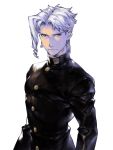  1boy black_jacket closed_mouth earrings highres jacket jewelry jojo_no_kimyou_na_bouken kakyouin_noriaki kotatsu_(g-rough) long_sleeves looking_at_viewer male_focus simple_background solo stardust_crusaders upper_body white_background white_hair 