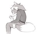  &lt;3 2020 absurd_res anthro beverage brand_new_animal canid canine canis captainpudgemuffin clothed clothing coat collar duo eating eyes_closed female fluffy fluffy_tail fur hair hi_res holding_object male mammal michiru_kagemori monochrome raccoon_dog shirou_ogami sitting studio_trigger tanuki topwear wolf 