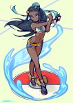  1girl black_hair blue_eyes blue_hair closed_mouth dark_skin earrings highres holding holding_poke_ball hoop_earrings jewelry kotatsu_(g-rough) long_hair looking_at_viewer multicolored_hair navel poke_ball pokemon pokemon_(game) pokemon_swsh rurina_(pokemon) sandals shorts smile solo sports_bra standing stretch two-tone_hair water 