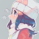  1girl alternate_costume beanie blue_hair blush breath closed_mouth coat commentary_request hair_ornament hat highres hikari_(pokemon) long_hair mu_acrt pokemon pokemon_(game) pokemon_dppt pokemon_platinum portrait red_coat scarf solo white_headwear white_scarf winter_clothes 