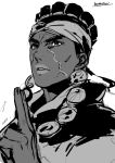  1boy dark_skin dark_skinned_male greyscale hand_up highres jojo_no_kimyou_na_bouken kotatsu_(g-rough) long_hair male_focus mohammed_avdol monochrome parted_lips scar signature simple_background solo stardust_crusaders turban upper_body white_background 