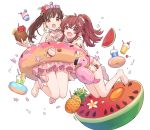  2girls ahoge bangs blush bracelet brown_eyes brown_hair cherry chiri_(ch!) coconut commentary cup disposable_cup drinking_straw earrings english_commentary food fruit full_body hair_between_eyes idolmaster idolmaster_shiny_colors innertube jewelry komiya_kaho long_hair looking_at_viewer multiple_girls nail_polish open_mouth pink_nails ponytail red_eyes red_hair shirt simple_background smile sonoda_chiyoko swimsuit swimsuit_skirt watermelon white_background white_shirt 