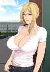  1girl aya_brea blonde_hair blue_eyes blue_sky breasts casual cleavage cloud collarbone denim highres jeans large_breasts long_hair lunasanguinis outdoors pants parasite_eve parted_lips pink_lips shirt sidelocks sky standing unbuttoned unbuttoned_shirt white_shirt 