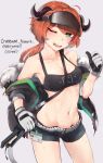  2019 arknights blush bodily_fluids bottomwear breasts clothing croissant_(arknights) cute_fangs female gloves green_eyes hair handwear hi_res horn horned_humanoid humanoid jacket kongthegrain looking_at_viewer navel one_eye_closed orange_hair shorts simple_background smile solo sweat topwear white_background 