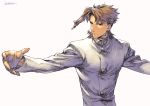  1boy blue_eyes brown_hair closed_mouth earrings fingernails highres jacket jewelry jojo_no_kimyou_na_bouken kakyouin_noriaki kotatsu_(g-rough) long_sleeves male_focus outstretched_arms signature simple_background solo spread_arms stardust_crusaders upper_body white_background white_jacket 