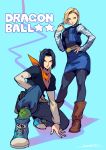  1boy 1girl android_17 android_18 ankle_boots bandana black_hair black_legwear black_shirt black_vest blonde_hair blue_eyes blue_footwear blue_pants blue_skirt boots brother_and_sister brown_footwear closed_mouth contrapposto copyright_name cowboy_shot denim denim_skirt dragon_ball dragon_ball_z foreshortening green_legwear hand_on_hip highres jacket kotatsu_(g-rough) long_sleeves looking_at_viewer open_clothes open_jacket pants pantyhose pencil_skirt shirt shoes short_hair short_over_long_sleeves short_sleeves siblings signature skirt sleeveless sleeveless_jacket smile socks standing vest white_shirt 