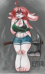  2019 abs anthro athletic athletic_anthro athletic_female axe barefoot big_breasts blush bottomwear breasts buckteeth camel_toe cleavage clothed clothing female fur hair hi_res holding_axe holding_object holding_weapon lagomorph leporid looking_aside mammal melee_weapon rabbit red_hair shorts solo standing teeth weapon white_body white_fur zer0ember 