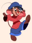  2020 ambiguous_gender an_american_tail anthro baggy_clothing barefoot brown_body brown_fur buckteeth clothed clothing don_bluth fievel_mousekewitz fully_clothed fur hat headgear headwear hi_res mammal mouse murid murine open_mouth open_smile rodent simple_background smile solo teeth tohupo whiskers 
