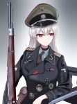  1girl bolt_action eyebrows_visible_through_hair girls_frontline grey_background grey_neckwear gun hat highres holster kar98k_(girls_frontline) long_hair looking_away mauser_98 military military_hat military_uniform necktie pk-971 red_eyes rifle shirt silver_hair solo uniform weapon 