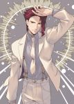  1boy closed_mouth collared_shirt cowboy_shot fingerless_gloves gloves grey_shirt hand_up highres jacket jojo_no_kimyou_na_bouken kakyouin_noriaki kotatsu_(g-rough) long_sleeves looking_at_viewer male_focus necktie pants red_hair shirt solo standing suspenders white_jacket white_neckwear white_pants wing_collar yellow_eyes 