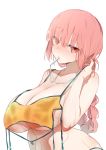 1girl adjusting_hair bangs bare_shoulders bikini blush braid breasts cleavage commentary_request eyebrows_visible_through_hair fate/grand_order fate_(series) florence_nightingale_(fate/grand_order) furau hair_between_eyes highres in_mouth large_breasts long_hair pink_eyes pink_hair single_braid stomach swimsuit underboob whistle whistle_around_neck yellow_bikini 
