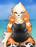  2019 4_fingers absurd_res anthro arcanine bikini bikini_bottom bikini_top black_nose blush breasts clothing cowprint female fingers front_view green_eyes hi_res looking_at_viewer navel nintendo open_mouth outside overweight overweight_anthro overweight_female pawpads pok&eacute;mon pok&eacute;mon_(species) smile solo stripes swimwear thick_thighs u_rakaz video_games water wide_hips 