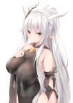  2019 arknights blush breasts chen_bin clothing female hair hand_on_breast hi_res horn horned_humanoid humanoid humanoid_pointy_ears looking_at_viewer navel not_furry ponytail shining_(arknights) simple_background solo translucent translucent_clothing white_background white_hair 