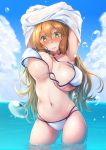  1girl beach bikini bit_(keikou_syrup) blue_sky blush breasts clenched_teeth embarrassed girls_frontline green_eyes large_breasts long_hair looking_down m1903_springfield_(girls_frontline) navel nose_blush ocean outdoors partially_submerged shirt skindentation sky solo swimsuit teeth undressing wardrobe_malfunction white_bikini white_shirt 