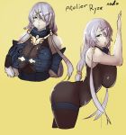  1girl absurdres artist_name atelier_(series) atelier_ryza bangs bare_shoulders black_nails bodysuit bodysuit_under_clothes breasts cleavage fingernails fur hair_ornament hair_over_one_eye hairclip hand_on_own_chest hand_on_wall highres hood hooded_vest hoodie large_breasts lila_decyrus low_tied_hair low_twintails pale_skin puzenketsu sharp_fingernails sidelocks silver_hair twintails vest yellow_background 