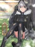  1girl absurdres add_(lord_el-melloi_ii) against_tree black_footwear black_gloves boots fate/grand_order fate_(series) fur-trimmed_hood fur_trim gloves grass gray_(lord_el-melloi_ii) green_eyes grey_hair grey_skirt highres hood huge_filesize looking_at_viewer lord_el-melloi_ii_case_files naruse_(0819) rain skirt smile solo thighhighs thighs tree 