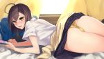  1girl :d ahoge ass azur_lane bag baltimore_(after-school_ace)_(azur_lane) baltimore_(azur_lane) bangs bed_sheet beige_cardigan beige_sweater black_skirt blush brown_hair cardigan cardigan_around_waist cellphone clothes_around_waist collared_shirt commentary_request curtains hair_between_eyes highres holding holding_phone looking_at_viewer lying on_stomach ootani_nonno open_mouth panties pantyshot phone pleated_skirt school_bag shirt short_hair short_sleeves skirt smartphone smile sweater sweater_around_waist thighs tied_sweater underwear upskirt white_shirt window yellow_eyes yellow_panties yellow_sweater 