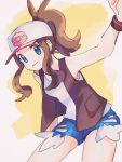  1girl arm_up baseball_cap black_vest blue_eyes brown_hair closed_mouth commentary_request denim denim_shorts eyelashes hat high_ponytail highres long_hair looking_at_viewer mu_acrt poke_ball_print pokemon pokemon_(game) pokemon_bw short_shorts shorts solo tank_top touko_(pokemon) vest white_tank_top wristband 
