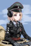  1girl absurdres belt black_neckwear blonde_hair blue_shirt blush brown_belt girls_frontline gloves grey_gloves ground_vehicle gun hat headphones highres looking_away medium_hair military military_hat military_jacket military_uniform military_vehicle motor_vehicle mp40 mp40_(girls_frontline) necktie pk-971 red_eyes shirt solo sturmgeschutz_iii submachine_gun tank uniform weapon 