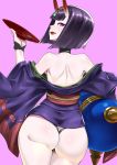 1girl ass bangs bare_shoulders black_fundoshi bob_cut cup eyeliner fate/grand_order fate_(series) gourd highres holding horns ippo japanese_clothes kimono looking_at_viewer makeup off_shoulder oni oni_horns open_mouth purple_eyes purple_hair purple_kimono sakazuki short_hair shuten_douji_(fate/grand_order) simple_background 