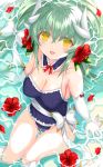  1girl aqua_hair blue_swimsuit breasts casual_one-piece_swimsuit collarbone dragon_girl dragon_horns elbow_gloves fate/grand_order fate_(series) flower from_above gloves hair_flower hair_ornament highres horns kiyohime_(fate/grand_order) kiyohime_(swimsuit_lancer)_(fate) long_hair medium_breasts morizono_shiki multiple_horns one-piece_swimsuit red_flower sitting solo swimsuit white_gloves yellow_eyes 