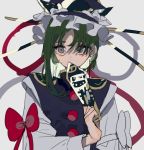  1girl asymmetrical_hair bangs blouse blue_eyes bow covering_mouth green_hair grey_background hair_ornament long_sleeves marimo_tarou red_bow rod_of_remorse shiki_eiki shirt simple_background solo touhou upper_body vest white_bow wide_sleeves 