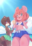  2girls animal_ears ass beach bikini bikini_skirt blue_bikini blue_eyes blue_skirt breasts brown_hair cup drinking_straw flat_chest food furry glasses green_bikini green_skirt highres mouse_ears mouse_girl mouse_girl_(yuuki_(yuyuki000)) mouse_tail multiple_girls navel ocean open_mouth original outdoors pink_hair popsicle raccoon_ears raccoon_girl raccoon_tail short_hair sideboob skirt smile swimsuit tail thighs yuuki_(yuyuki000) 