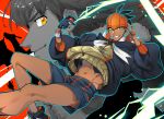  2boys black_hair blue_eyes clenched_teeth commentary_request dande_(pokemon) dark_skin dark_skinned_male dynamax_band earrings gloves gym_leader highres holding holding_poke_ball hood jewelry kibana_(pokemon) looking_at_viewer male_focus multiple_boys navel orange_eyes orange_headwear partly_fingerless_gloves poke_ball poke_ball_(basic) pokemon pokemon_(game) pokemon_swsh riko_(k_riko) shorts single_glove smile teeth 