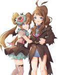  2girls ankea_(a-ramo-do) arm_hug bangs beige_legwear blue_eyes brown_hair closed_mouth double_bun eyelashes gen_5_pokemon high_ponytail highres long_hair looking_at_viewer looking_to_the_side mei_(pokemon) multiple_girls pokemon pokemon_(game) pokemon_bw pokemon_bw2 shiny shiny_skin sidelocks smile swoobat thighhighs touko_(pokemon) turtleneck twintails very_long_hair white_background wings 