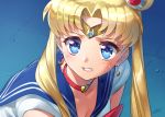 1girl bangs bishoujo_senshi_sailor_moon blonde_hair blue_eyes blue_sailor_collar breasts choker circlet cleavage clenched_teeth collarbone crescent crescent_earrings derivative_work earrings eyelashes hair_over_shoulder heart heart_choker jewelry long_hair parted_bangs red_choker sailor_collar sailor_moon_redraw_challenge screencap_redraw shiny shiny_hair solo symbol_commentary teeth tile_floor tiles tsukino_usagi twintails wedo 