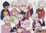  1girl 2boys beet_(pokemon) bowl chopsticks clenched_teeth commentary_request curly_hair dark_skin dark_skinned_male food food_on_face gen_5_pokemon gen_6_pokemon gen_8_pokemon gothorita grey_hair half-closed_eyes highres holding holding_bowl holding_chopsticks holding_food holding_pizza hood hoodie hop_(pokemon) milcery multiple_boys nashubi_(to_infinity_wow) pizza pizza_slice pokemon pokemon_(creature) pokemon_(game) pokemon_swsh poplar_(pokemon) purple_eyes short_hair solosis speech_bubble swirlix teeth translation_request white_background 