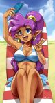  bikini blue_eyes cellphone clothing cloud detailed_background ear_piercing ear_ring female genie gesture hair hi_res holding_object holding_phone humanoid humanoid_pointy_ears john_joseco long_hair not_furry phone piercing purple_hair selfie shantae shantae_(series) signature sitting sky smartphone solo swimwear v_sign video_games wayforward 