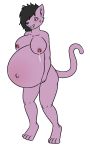  angel_graves anthro belly big_belly black_hair blue_eyes blush bodily_fluids derrysome domestic_cat felid feline felis female fluffy_ears fur hair hand_on_stomach hi_res lactating mammal navel nipples nude pink_body pink_fur pregnant simple_background smile solo sweat sweatdrop white_background 