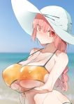  1girl arm_under_breasts bangs bare_shoulders bikini blue_sky blurry blurry_background blush braid breasts cleavage closed_mouth commentary_request covered_nipples eyebrows_visible_through_hair fate/grand_order fate_(series) florence_nightingale_(fate/grand_order) furau hair_between_eyes hat highres large_breasts long_hair ocean pink_eyes pink_hair see-through single_braid sky stomach sun_hat sweat swimsuit underboob water whistle whistle_around_neck white_headwear yellow_bikini 
