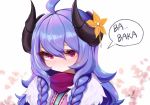  ... 1girl ahoge alternate_costume alternate_eye_color alternate_hair_color alternate_hairstyle blue_hair blush curled_horns embarrassed flower full-face_blush hair_between_eyes hair_blush hair_flower hair_ornament highres horns kindred lamb_(league_of_legends) league_of_legends long_hair looking_at_viewer ohpe purple_hair red_eyes ribbon solo speech_bubble spirit_blossom_kindred tsundere twintails white_fur 