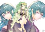  1boy 2girls atoatto barefoot blue_eyes blue_hair braid byleth_(fire_emblem) byleth_(fire_emblem)_(female) byleth_(fire_emblem)_(male) closed_mouth fire_emblem fire_emblem:_three_houses green_eyes green_hair long_hair multiple_girls pointy_ears ribbon_braid short_hair signature simple_background smile sothis_(fire_emblem) tiara twin_braids white_background 