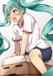  1girl blush body_blush commentary_request eyebrows_visible_through_hair green_eyes green_hair gym_uniform hair_ornament hatsune_miku kurasumeito_(sushiotaku0705) long_hair open_mouth shiny shiny_hair shirt short_sleeves solo spread_legs twintails vaulting_horse very_long_hair vocaloid wavy_mouth white_shirt 