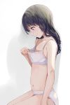  1girl bangs bare_arms bare_shoulders black_hair bra breast_conscious collarbone commentary_request flat_chest fukumaru_koito highres hiroki_(yyqw7151) idolmaster idolmaster_shiny_colors long_hair navel panties purple_eyes sitting solo spaghetti_strap stomach underwear underwear_only white_background white_bra white_panties 