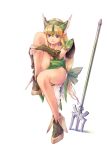  1girl armor bangs blonde_hair blue_eyes boots bow closed_mouth collarbone dress eyebrows_visible_through_hair full_body green_bow green_dress hair_between_eyes hair_bow hair_intakes highres invisible_chair kirishima_satoshi leg_hug long_hair looking_at_viewer low-tied_long_hair pauldrons polearm riesz seiken_densetsu seiken_densetsu_3 shiny shiny_hair short_dress shoulder_armor side_slit simple_background sitting sleeveless sleeveless_dress smile solo strapless strapless_dress trident very_long_hair weapon white_background 