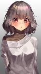  1girl :o bangs blush breasts ears_visible_through_hair eyebrows_visible_through_hair eyelashes grey_hair highres looking_down off_shoulder open_mouth orange_eyes original se.a shiny shiny_hair short_hair solo symbol_commentary turtleneck 
