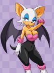  2019 anthro blue_eyes blush breasts chiropteran clothing female gloves hand_behind_head handwear hi_res looking_aside mammal melonleaf membrane_(anatomy) membranous_wings open_mouth rouge_the_bat simple_background solo sonic_the_hedgehog_(series) tight_clothing wings 